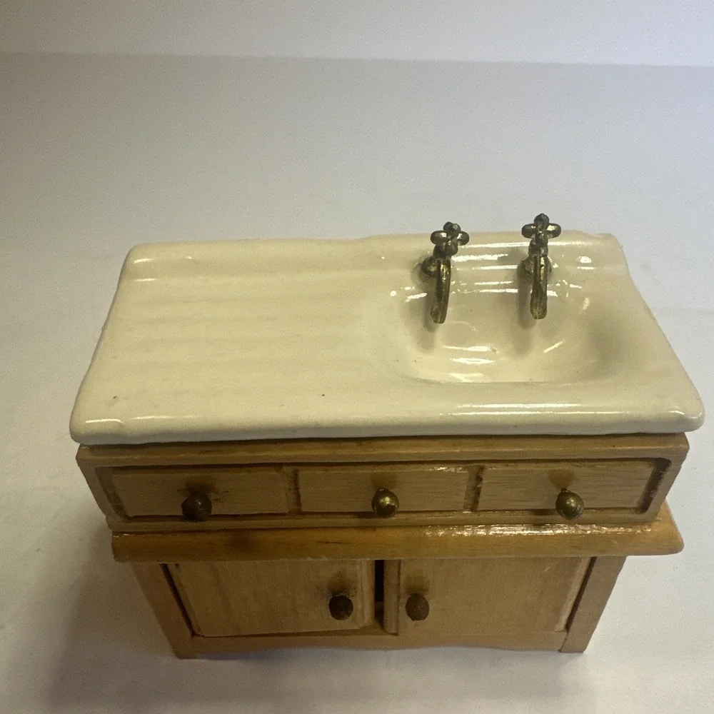 Vintage Dollhouse Miniature Doll Furniture Porcelain Sink with Wood Cabinet 4x2